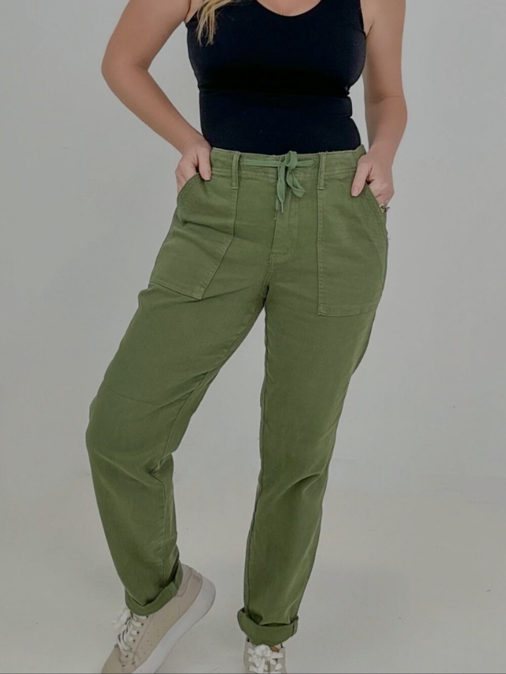 Judy BLue Cotton Blend Linen Look Olive Green Women's Casual Joggers